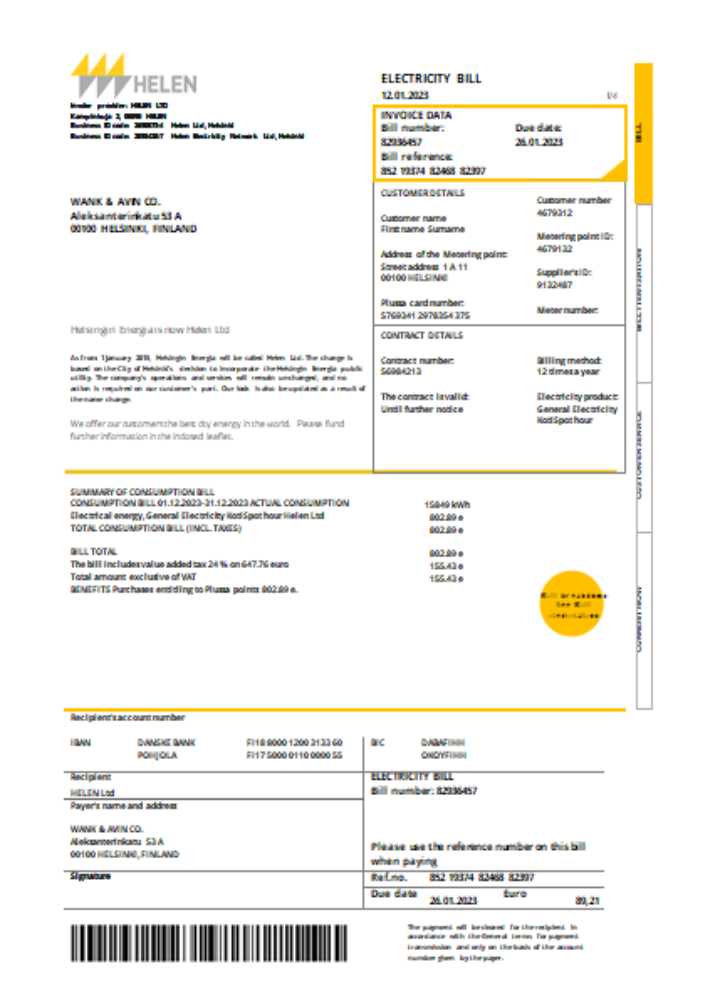 Helen Proof of address utility business bill,  SCR PSD template